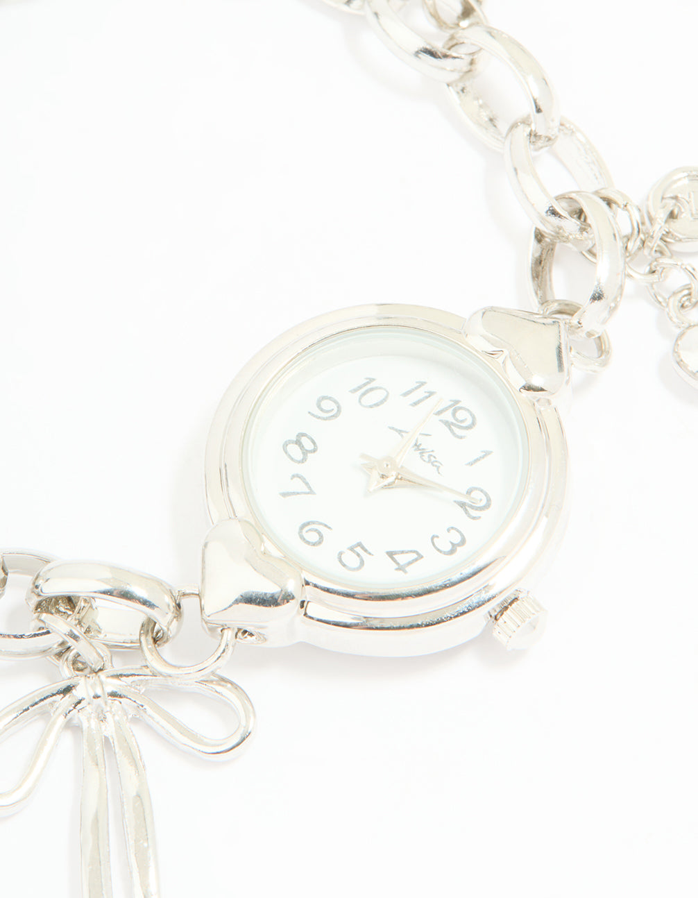 Elegant silver watch and charm bracelet with bow, butterfly, and heart charms, featuring white round dial, number dial look, link band, casual analog design for women, statement style watch face detail view