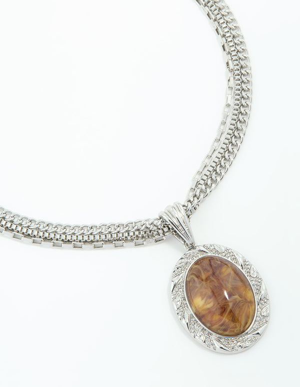 Silver Triple Chain Oval Pendant Necklace