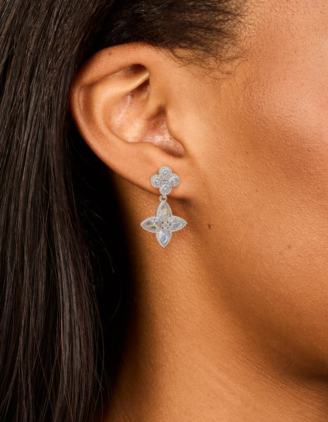 Silver Cubic Zirconia Double Flower Drop Earrings