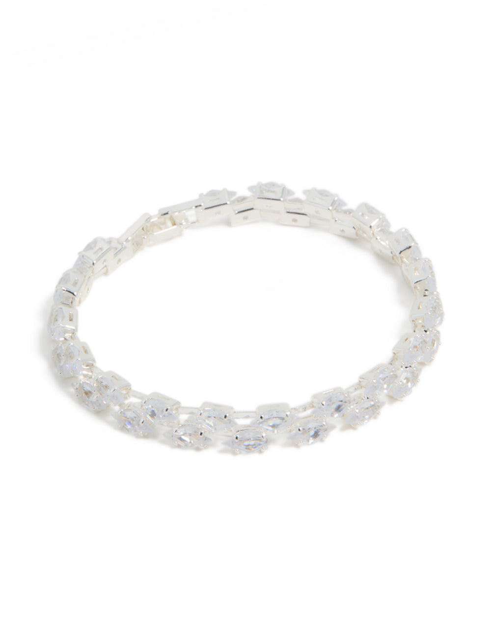 Discover the cubic zirconia navette tennis bracelet in silver with statement design in front view
