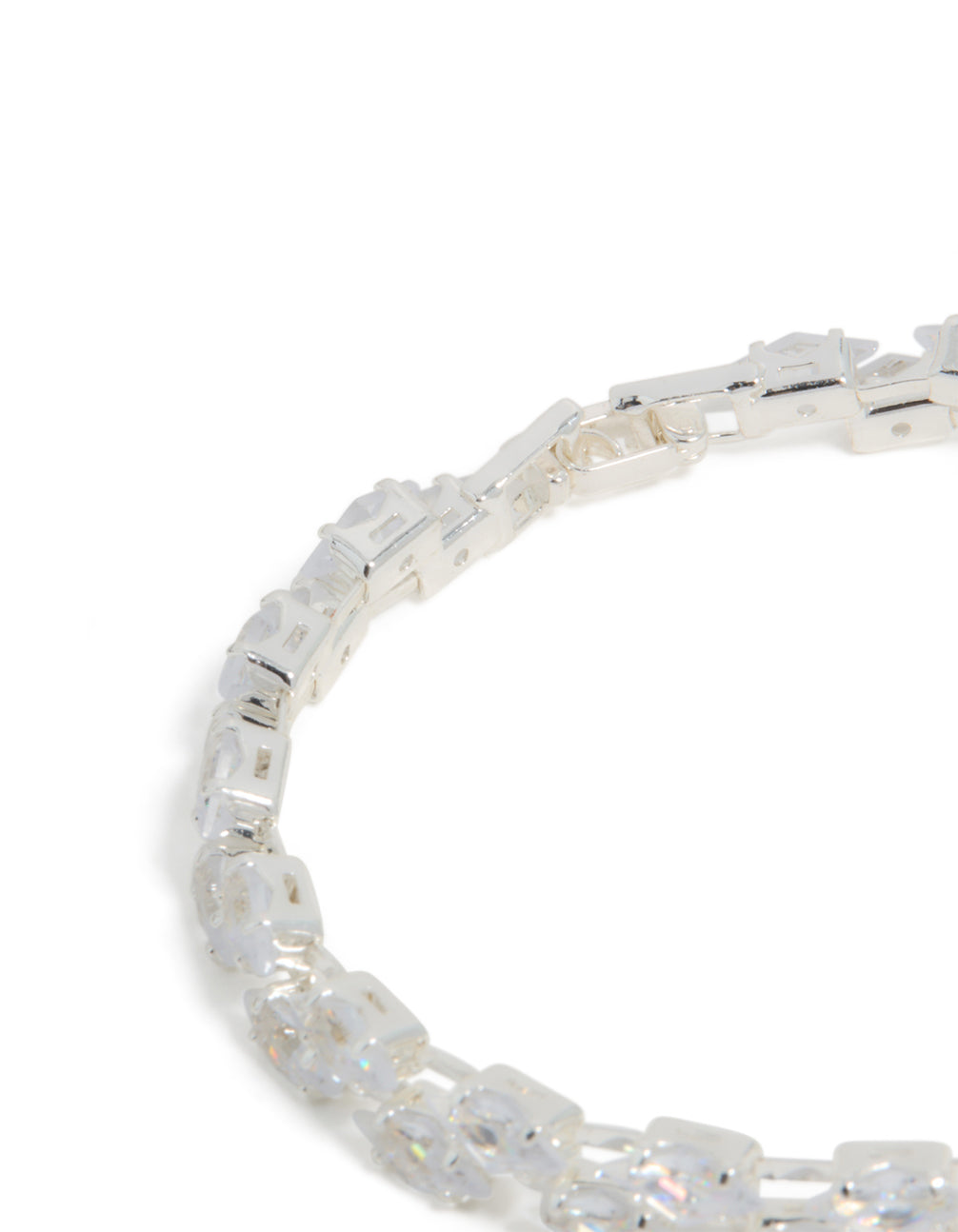 Showcasing a cubic zirconia navette tennis bracelet in silver with statement style with closure detail view