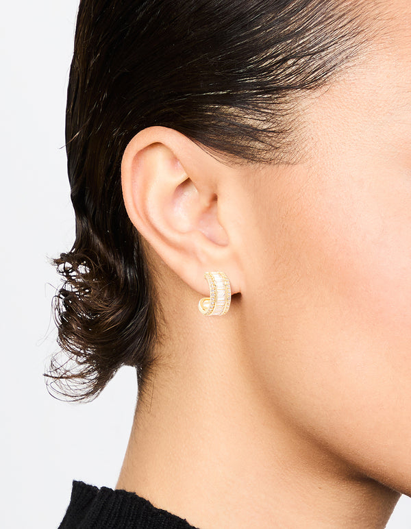 Gold Plated Cubic Zirconia Baguette Small Hoop Earrings