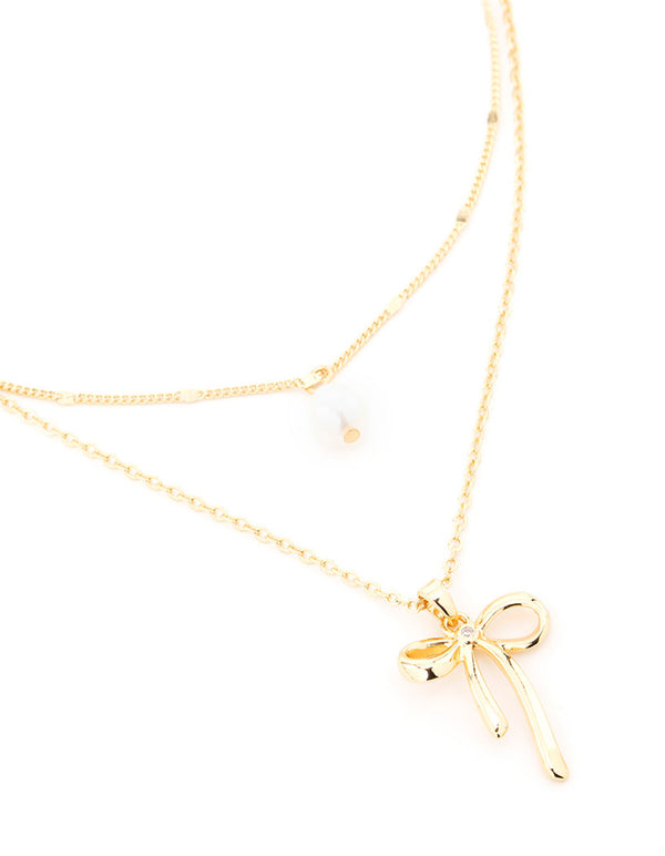 Gold Plated Brass Freshwater Pearl & Bow Layered Necklace