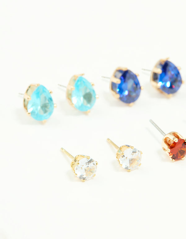 Gold Multicoloured Diamante Mixed Shape Stud Earrings 8-Pack