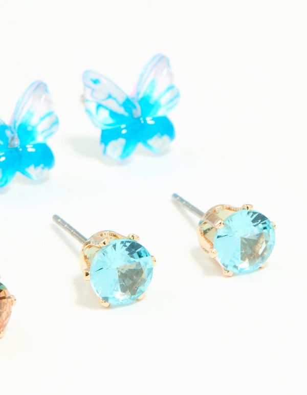 Gold Diamante & Butterfly Stud Earrings 8-Pack