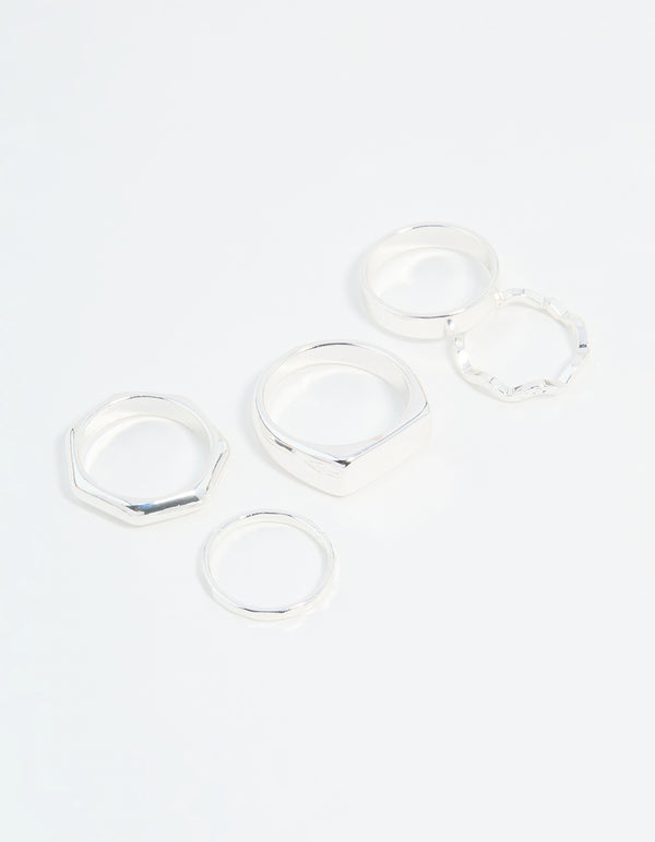 Silver Hexagon & Signet Rings 5-Pack