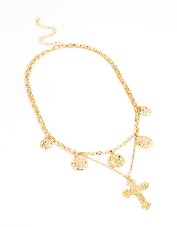 Gold Plated Cross & Coin Layered Necklace