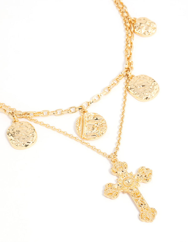 Gold Plated Cross & Coin Layered Necklace