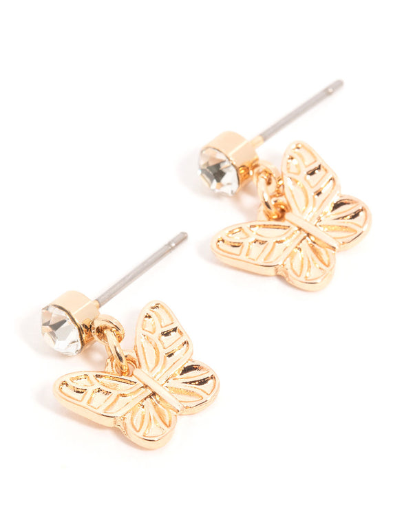 Gold Diamante Butterfly Drop Earrings