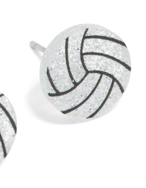 Expertly crafted silver netball stud earrings featuring glitter finish post detail view