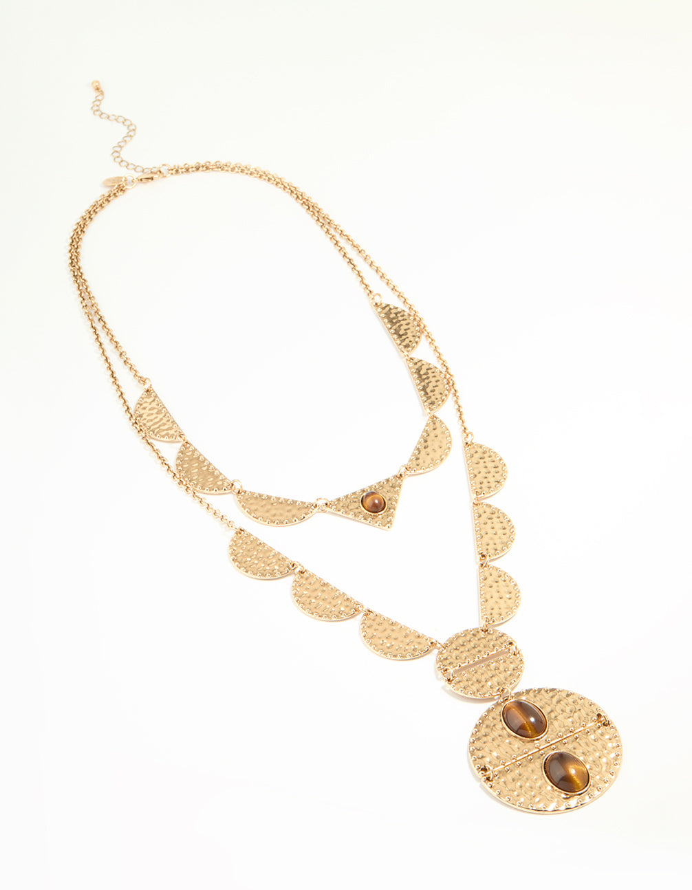 Antique Gold Textured Brown Circle Disc Layered Necklace