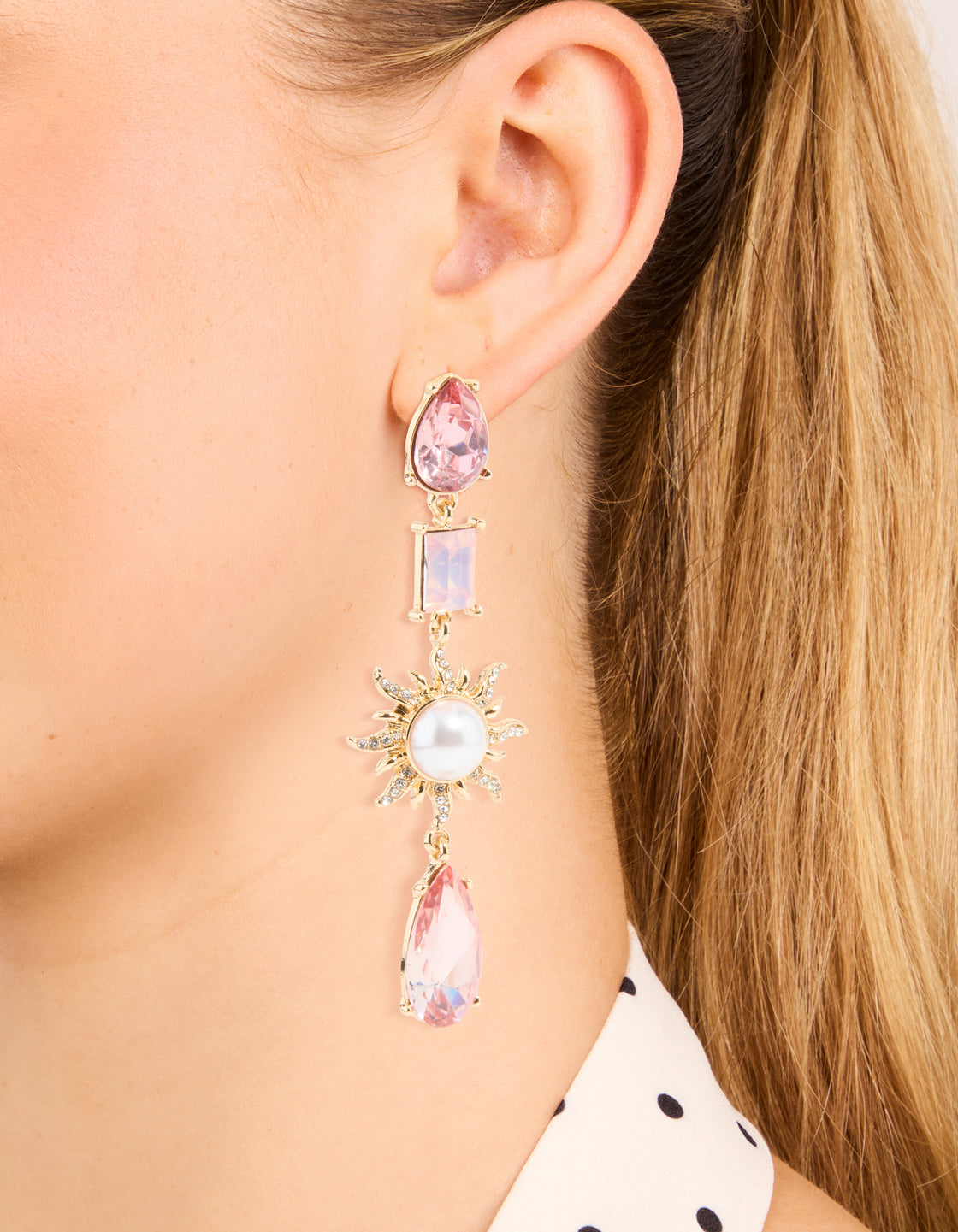 Gold Pink Diamante & Pearl Sun Drop Earrings