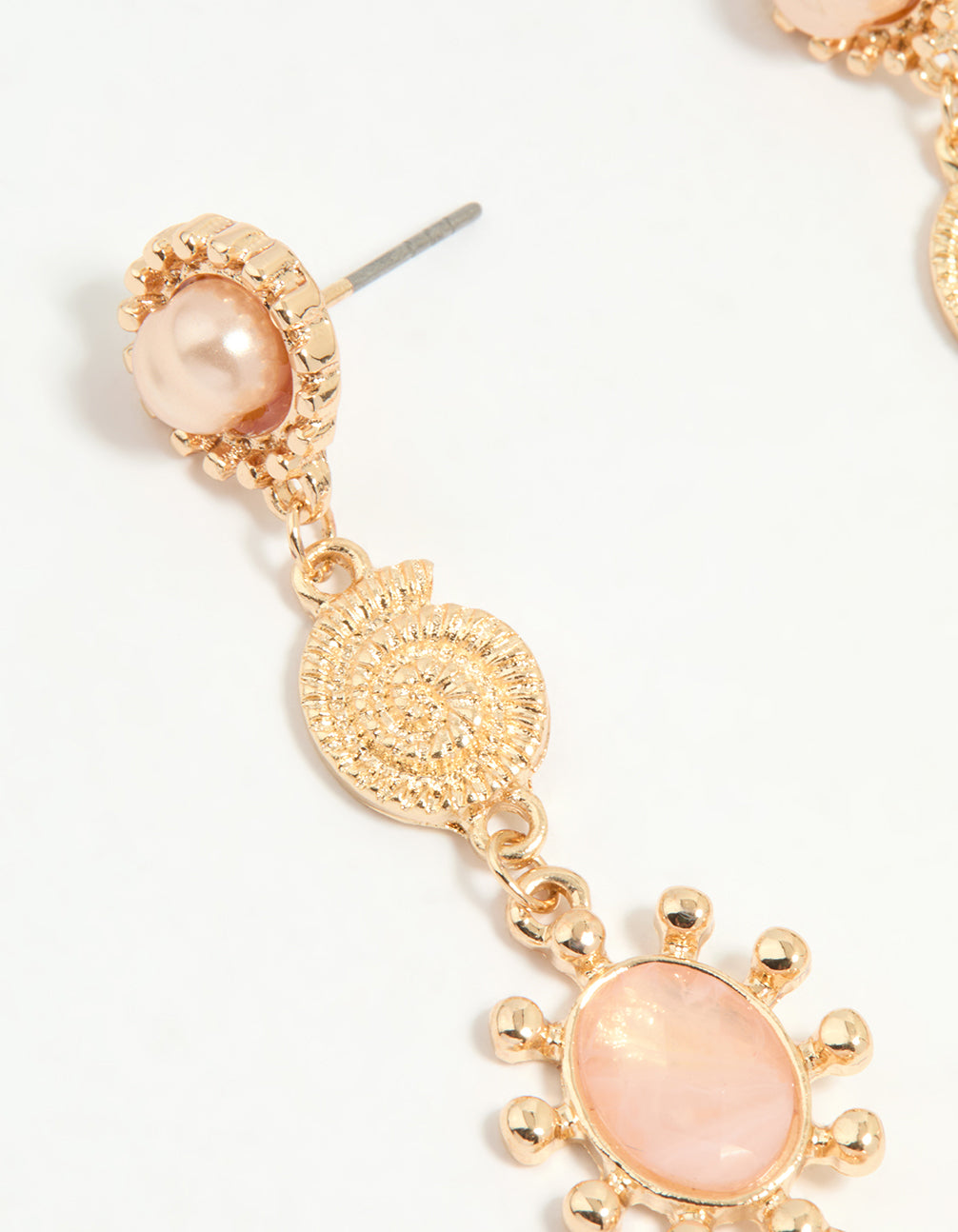 Gold Pearl & Pink Stone Drop Earrings