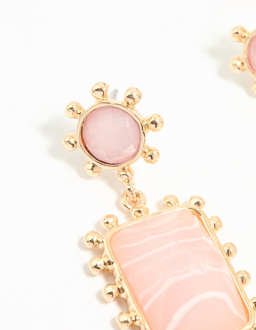Gold Pink Stone Square Drop Earrings