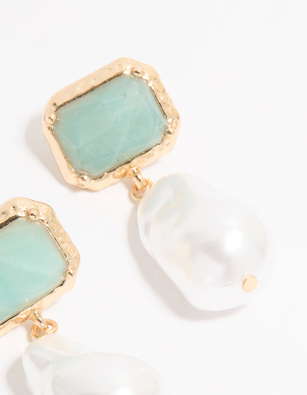 Gold Pearl & Blue Rectangle Stone Drop Earrings