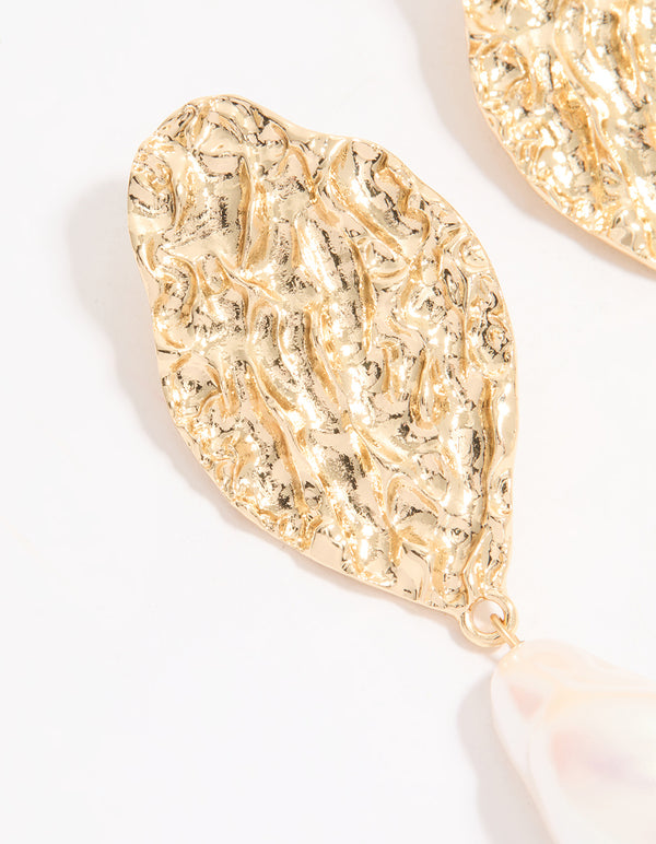 Gold Pearl Hammered Disc Drop Earrings
