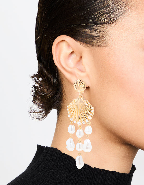 Gold Shell Pearl Drop Earrings