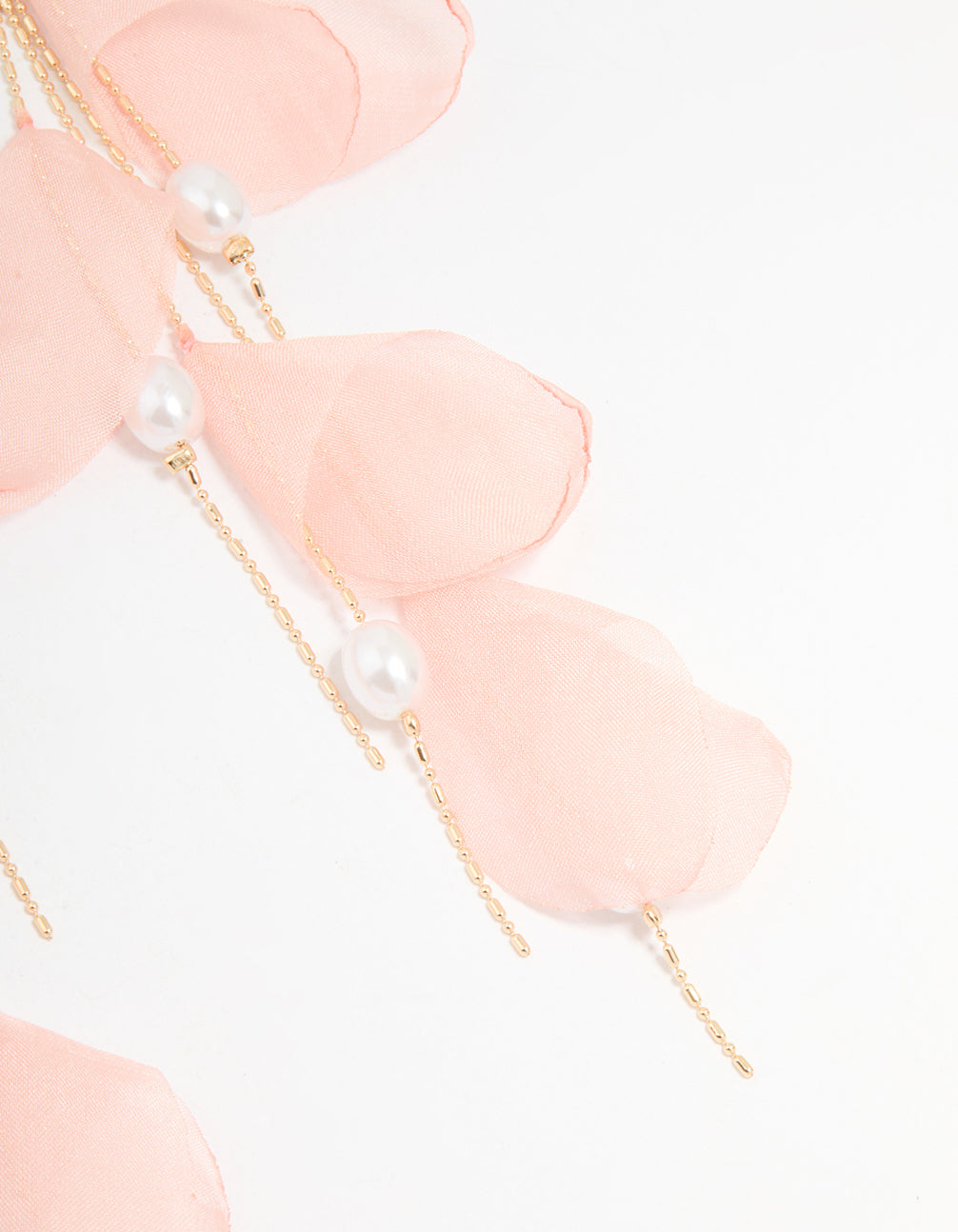 Pink Fabric Petal Chain Pearl Drop Earrings