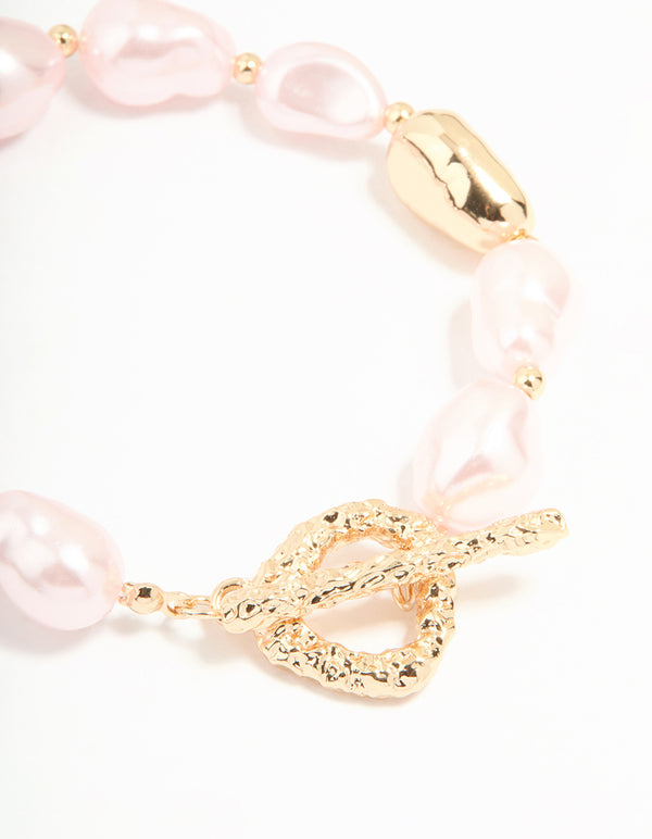 Gold Irregular Pink Pearl Textured T & O Bracelet