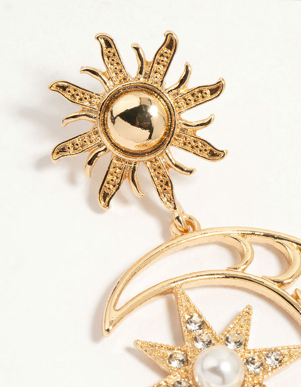 Gold Celestial Sun Drop Earrings