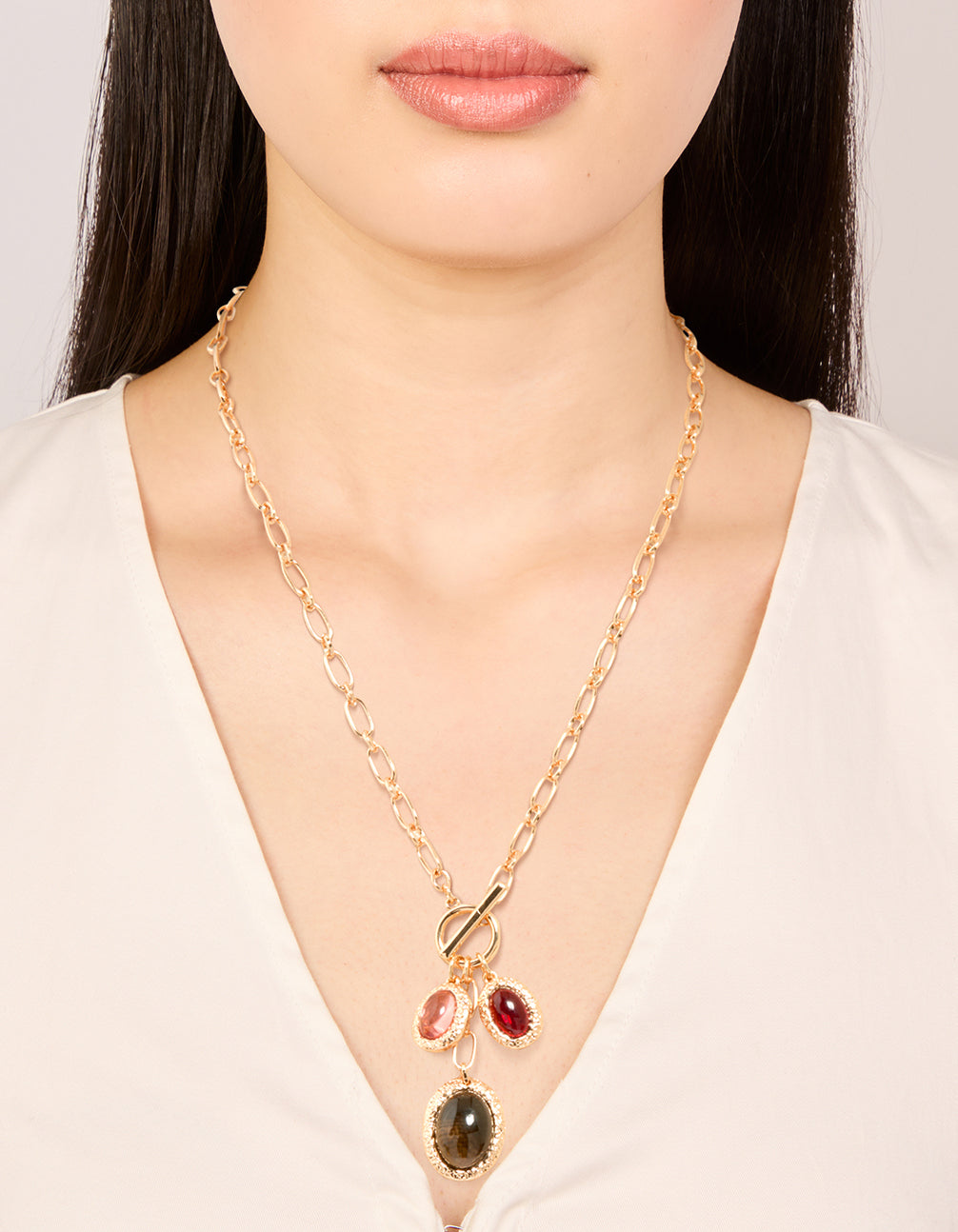 Gold Green Red & Pink Gemstone Charm Necklace