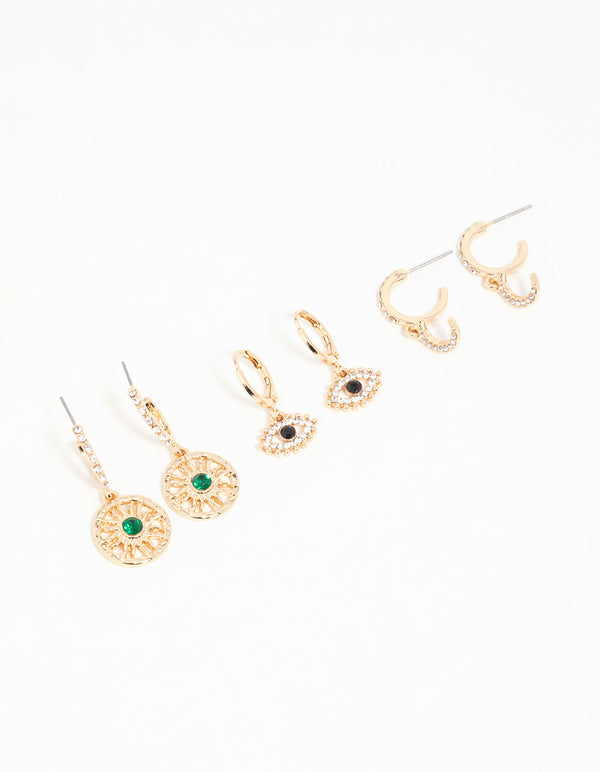 Gold Celestial Eye Diamante Earrings 3-Pack