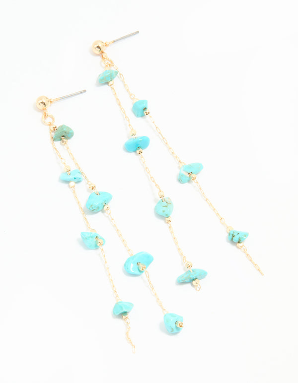Gold Blue Semi Precious Stone Statement Chain Drop Earrings