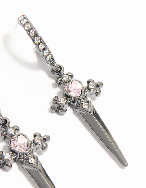Gunmetal Pink Diamante Dagger Huggie Earrings