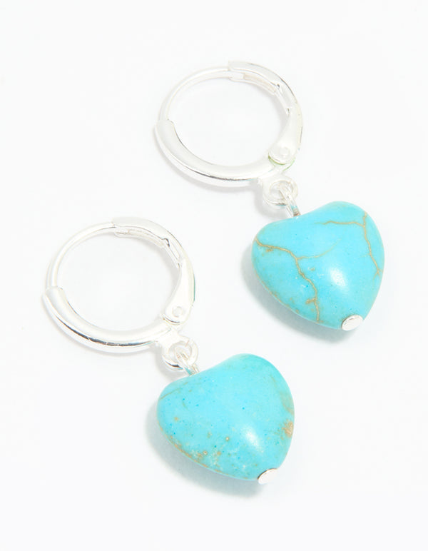 Silver Blue Semi Precious Stone Heart Huggie Earrings