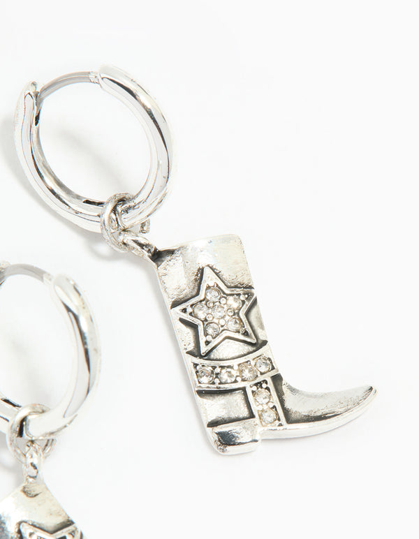 Antique Silver Diamante Cowboy Boot Drop Earrings