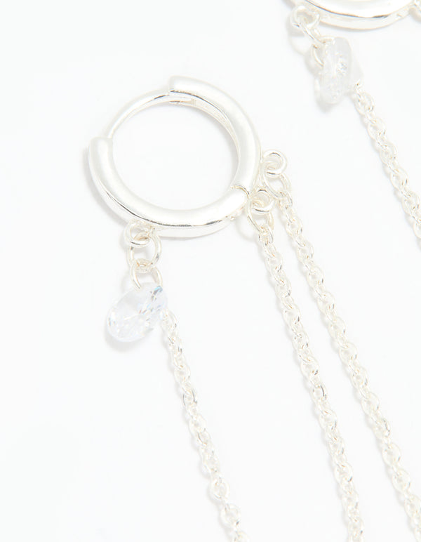 Silver Cubic Zirconia Loop Chain Huggie Earrings