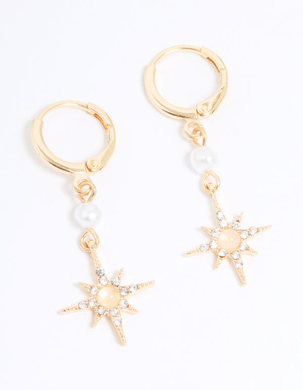 Gold Diamante & Pearl Star Drop Huggie Earrings