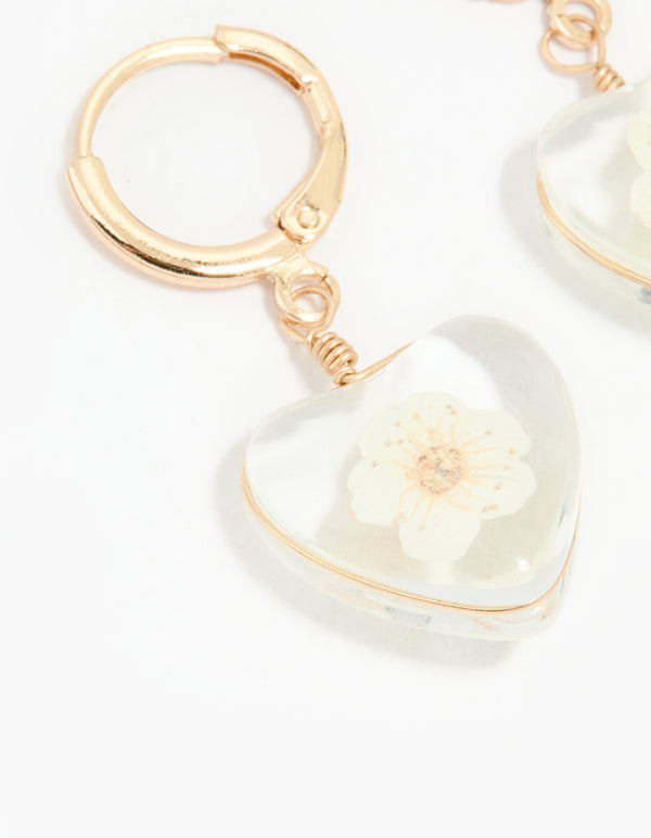 Gold Acrylic Flower Centre Heart Huggie Earrings