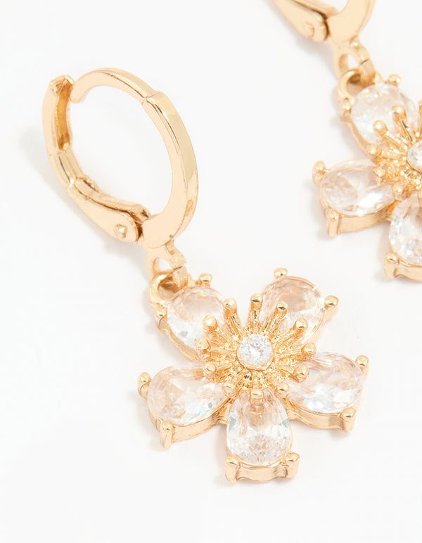Gold Cubic Zirconia Flower Huggie Earrings
