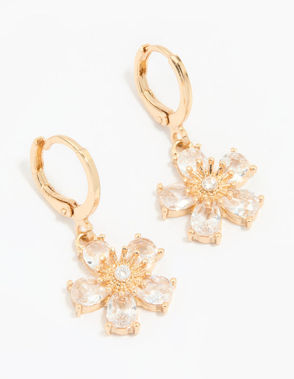 Gold Cubic Zirconia Flower Huggie Earrings