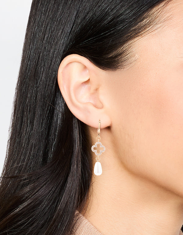 Gold Diamante Pearl Floral Huggie Earrings