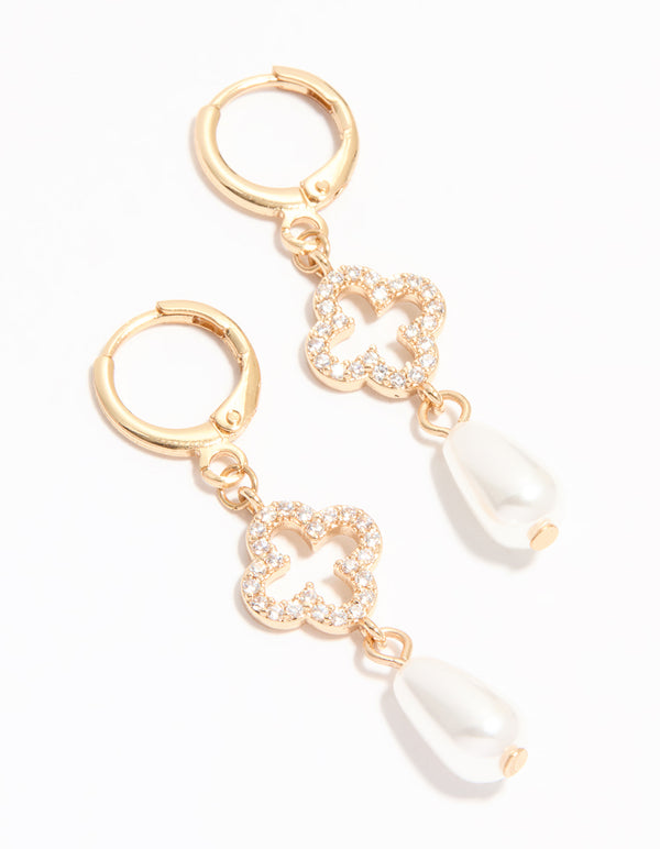 Gold Diamante Pearl Floral Huggie Earrings