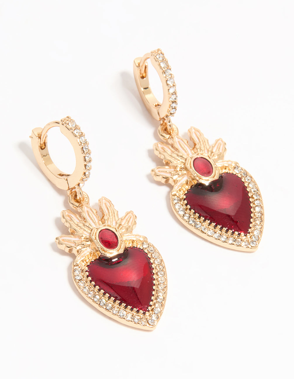 Gold Red Enamel Flaming Heart Huggie Earrings