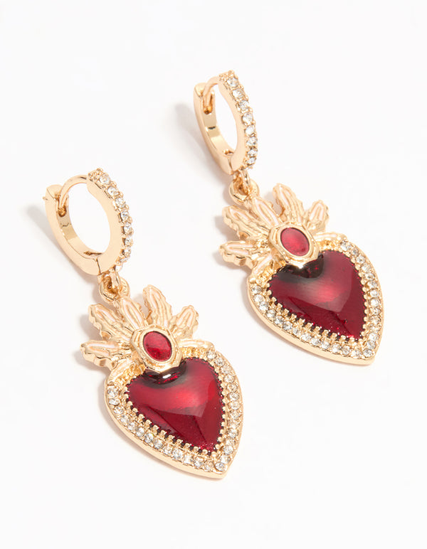Gold Red Enamel Flaming Heart Huggie Earrings