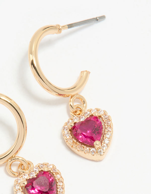 Gold Pink Cubic Zirconia Encased Heart Huggie Earrings