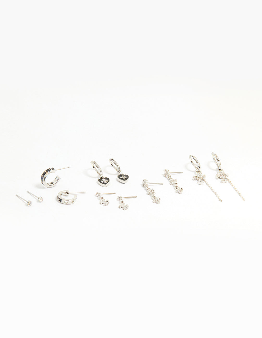 Silver Cross & Heart Stud & Huggie Earring Pack