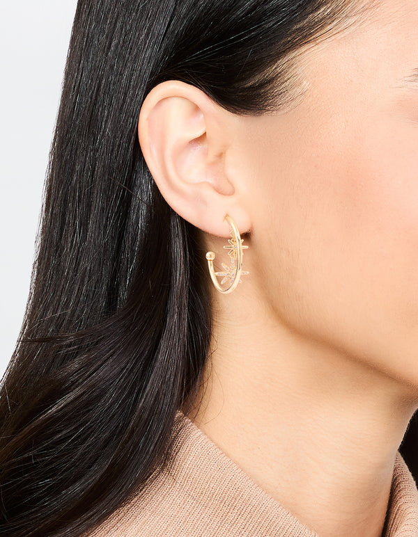 Gold Cubic Zirconia Star Charm Hoop Earrings