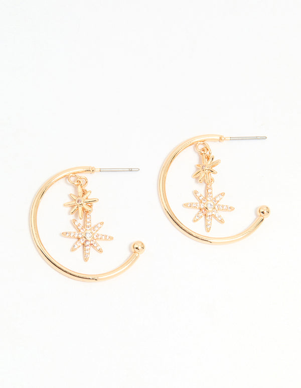 Gold Cubic Zirconia Star Charm Hoop Earrings