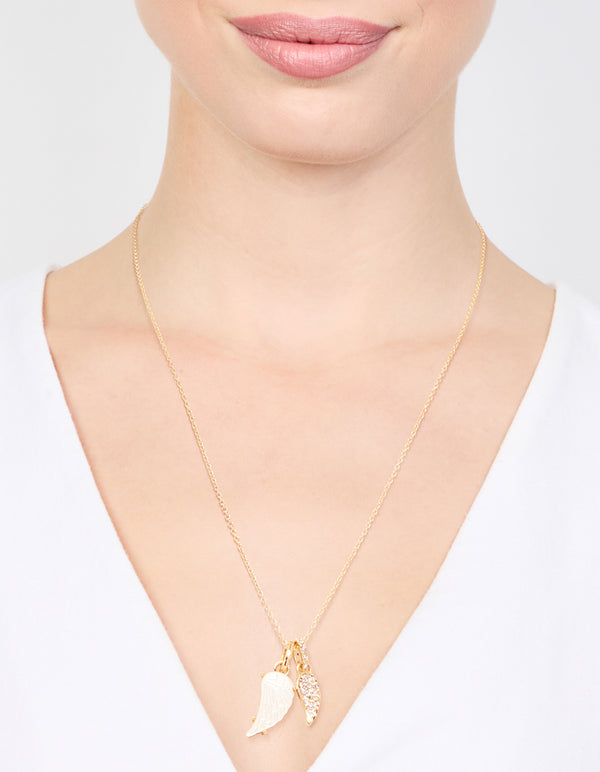 Gold Plated Diamante Wing Charm Pendant Necklace
