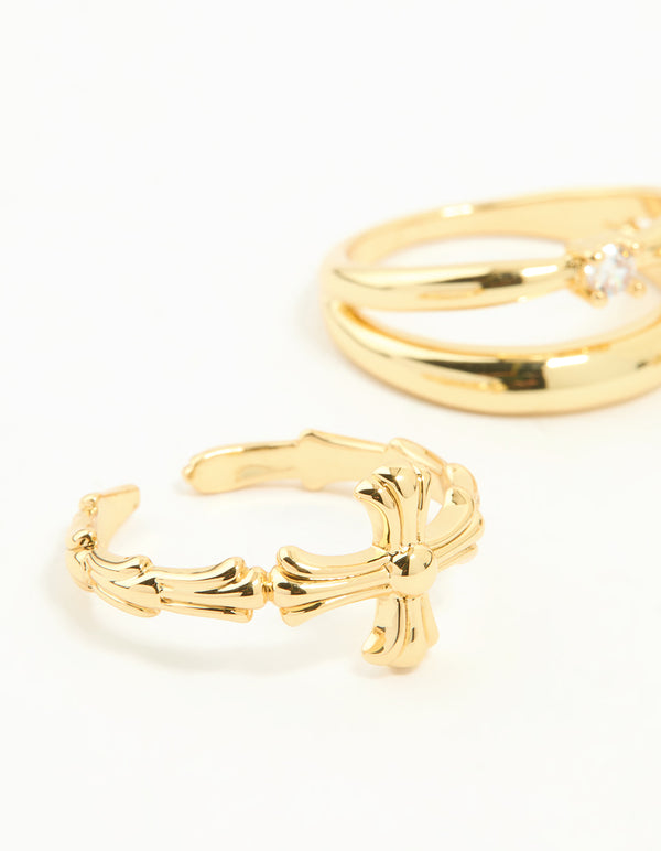 Gold Plated Cross & Diamante Stacking Rings 3-Pack