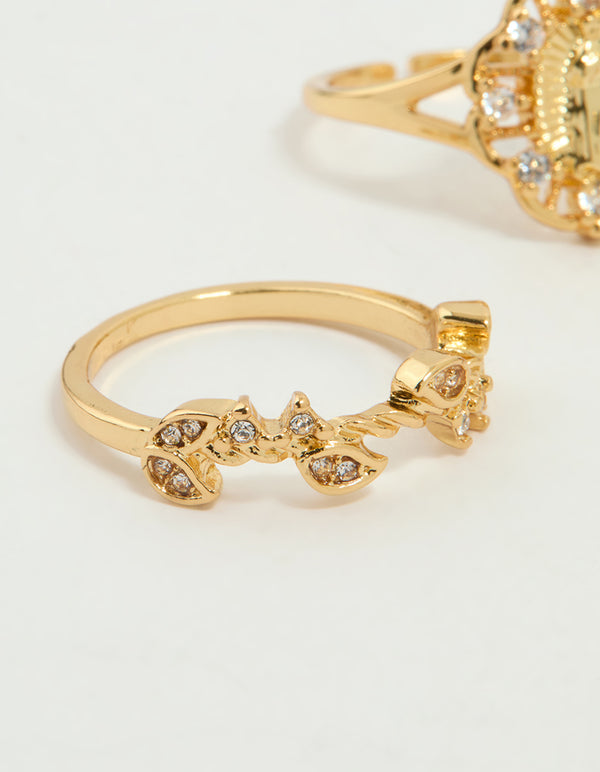 Gold Plated Cubic Zirconia Mary & Floral Rings 2-Pack