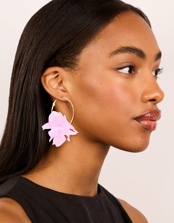 Gold Pink Acrylic Petal Hoop Earrings