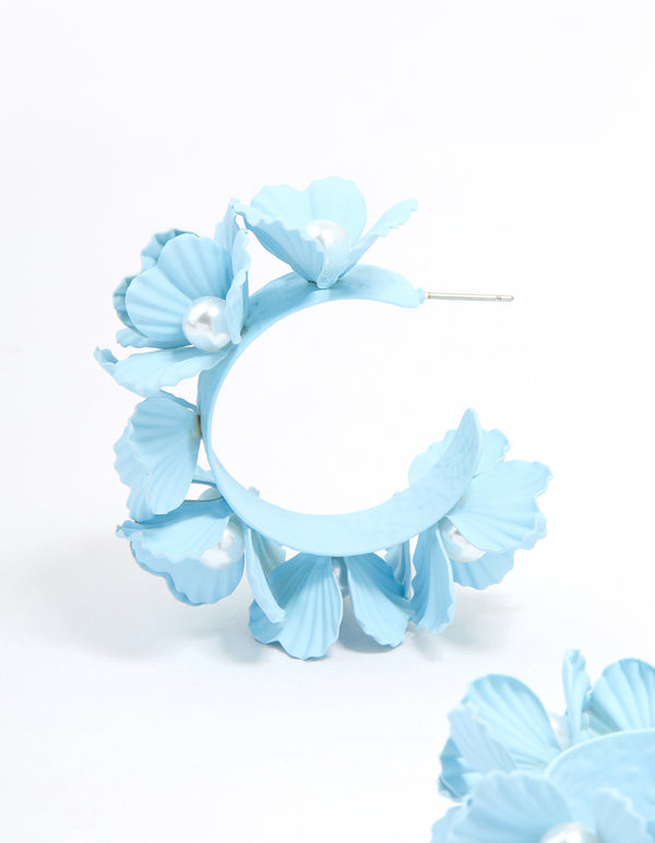 Blue Coated Metal Pearl Center Flower Hoop Earrings