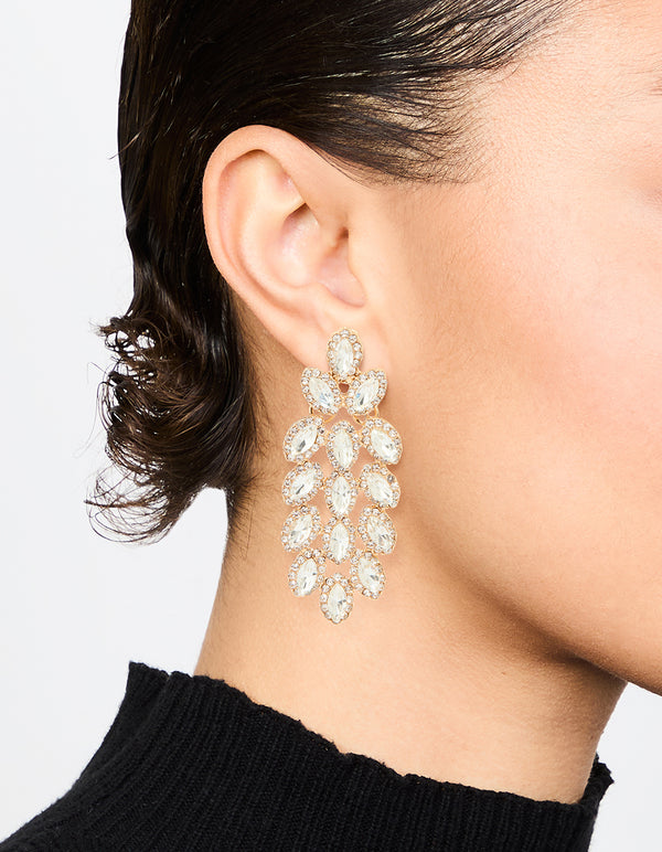 Gold Diamante Marquise Statement Drop Earrings