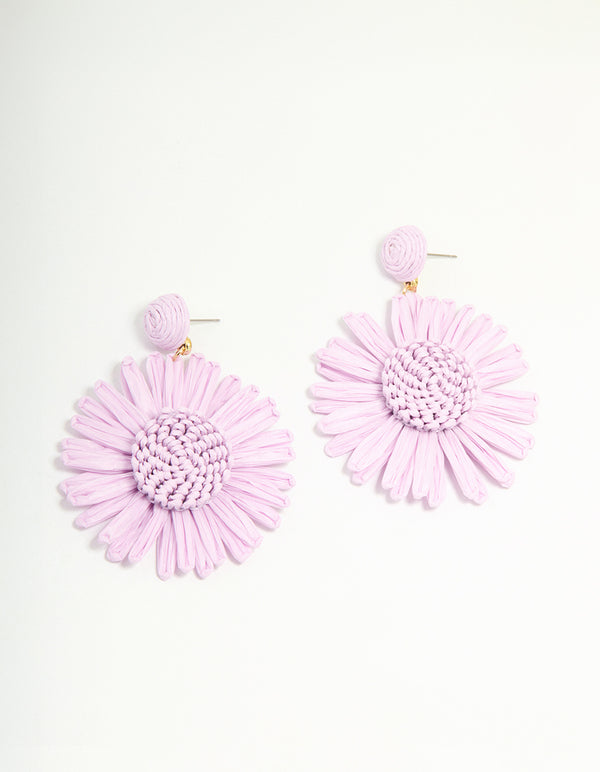 Purple Raffia Flower Drop Earrings